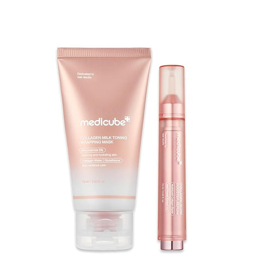 medicube Milky Collagen Double Glow Lock Duo: Collagen Glazed Milky Wrapping Mask and Booster Serum | 130DaCollagen, Niacinamide, Glutathione for Plumped, Radiant Glass Skin, Valentines Day Gifts