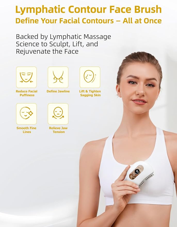 Lymphatic Contour Face Brush – Face Massager for Lymphatic Drainage, Double Chin Reducer, and Facial Sculpting – Gentle Vibrating Lymphatic Drainage Tool for Jawline & Puffiness - White