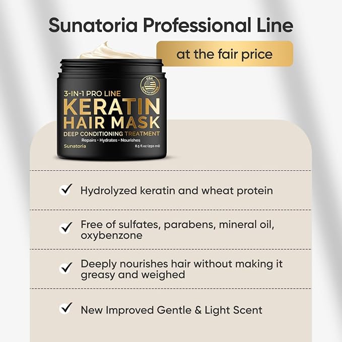 SUNATORIA Keratin Hair Mask - Deep Conditioner for Dry Damaged Hair - Hydrates, Repairs, Nourishes - Keratin Hair Treatment - Deep Conditioning Hair Mask - Keratina Mascarilla Para el Cabello