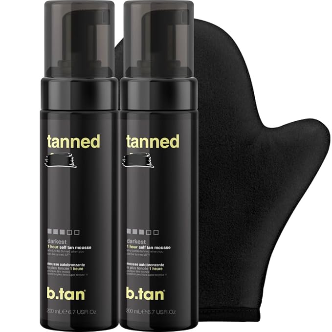 b.tan Dark Self Tanner Gift Box | Anytime Glow Getter Bundle - 2 Pack Sunless Tanning Mousse with Mitt, 1 Hour Express Fake Tan Foam, Best Christmas Stocking Stuffer Fast Bronze, Face & Body