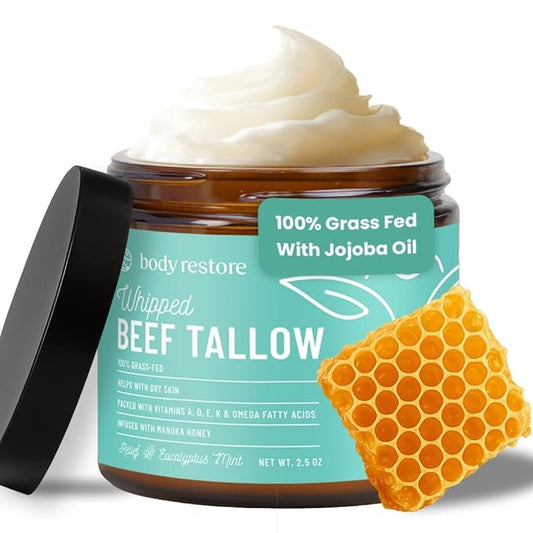 Body Restore Grass Fed Whipped Beef Tallow for Dry Skin, Face – Manuka Honey, Jojoba Oil, Valentines Day Gifts for Her and Him, Birthday Gifts for Women and Men, Travel Essentials – Eucalyptus