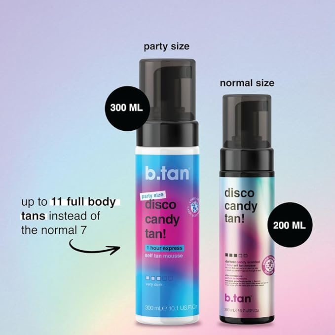 b.tan Large Candy Scented Self Tanner Mousse | Party Size Disco Candy Tan - Best, 1 Hour Express Dark Sunless Tanning Foam, Sweat-Proof & Transfer Resistant Fake Tan, Cruelty Free, 10.1 Fl Oz
