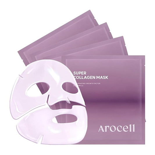 AROCELL Super Collagen Mask 4 Facial Sheet 5,000,000ppb Overnight Dual Matrix Hydrogel Masks with Low Molecular Weight Collagen for Elasticity Hydrating Anti-Aging Cooling Korean Skincare, 43g x 4ea