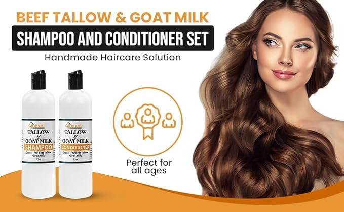 Beef Tallow & Goat Milk Shampoo and Conditioner Set - Handmade Hair Care for Thinning Relief, Sea Moss Shampoo and Conditioner, Thickening Formula for Hair Regrowth & Str (Shampoo & Conditioner 12 Oz)