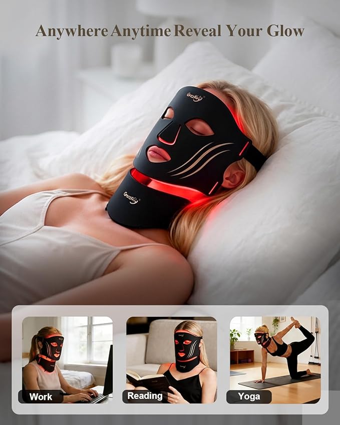 Gracekey Red Light Therapy for Face and Neck, 7-in-1 Colors LED Facial Light Therapy Mask with Neck Masks, 2000mAh Rechargeable Light Therapy with Timer for Home Use