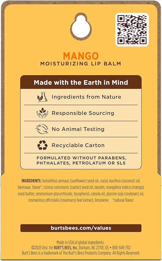 Burt's Bees Lip Balm - Mango, Lip Moisturizer With Responsibly Sourced Beeswax, Tint-Free, Natural Origin Conditioning Treatment, 2 Tubes, 0.15 oz. (Pack of 2)