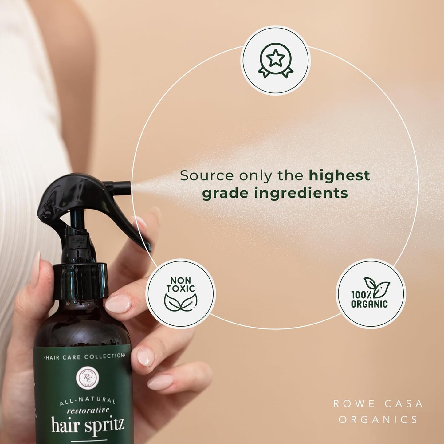 Rowe Casa Organics Natural Restorative Hair Spritz with Witch Hazel & Therapeutic Essential Oils, Hand-Crafted Hair Volumizer, Thickener, & Growth Booster, 8 Fl. Oz.