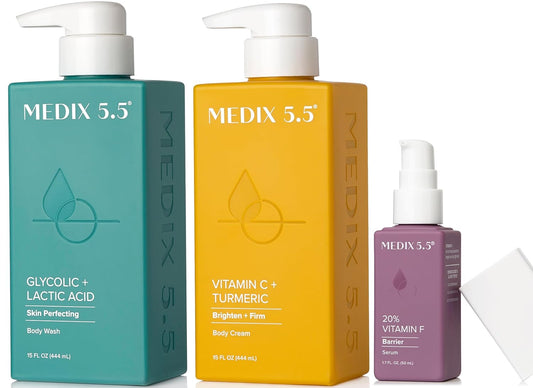 Medix 5.5 Anti Aging Skin Care 3PC Set | Vitamin C Body Cream + Exfoliating AHA Glycolic Acid Foaming Face & Body Wash + Vitamin F Booster Serum, Wash + Treat + Hydrate Skincare Set