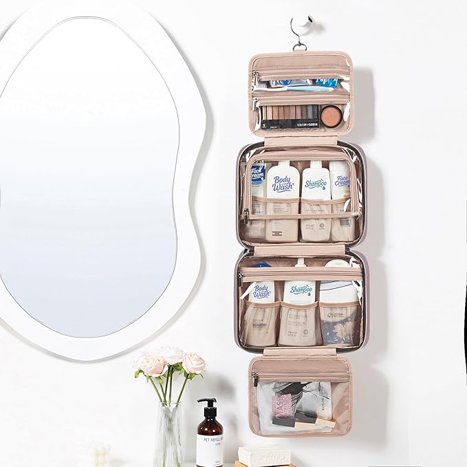 NISHEL Travel Toiletry Bag for women, Portable Hanging Organizer for Full-Sized Shampoo, Conditioner, Brushes Set, Makeup Accessories, Large Size, Peach Pink