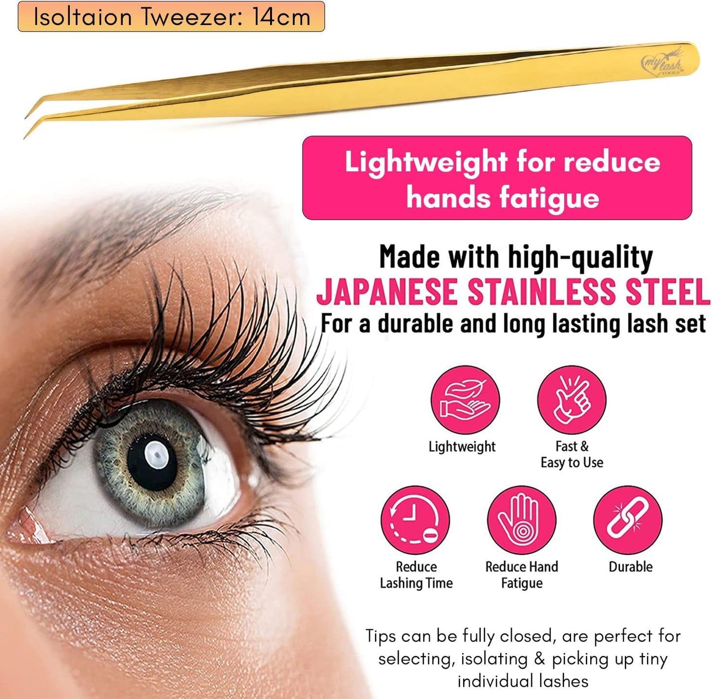 Isolation Tweezers for Eyelash Extension – 14cm Curved Lash Tweezer, Stainless Steel, Best for Individual Isolation & Classic Lashes, Pinzas para Pestaña(Gold Titanium)
