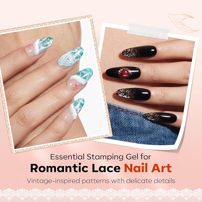 modelones 16PCS Lace Nail Stamping Kit – French Tip Stamper White Black Painting Gel Polish Chrome Powder Proof Matte Gel Top Coat Gingham Template Dual Nail Art Brush Spring Manicure Gift for Women