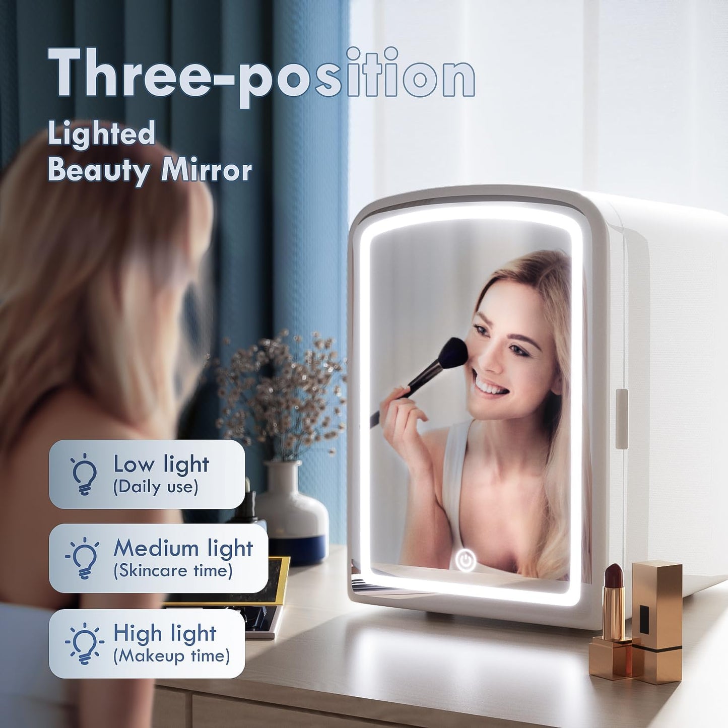 Mini Fridge for Skin Care, 4 Liter Portable Small Fridge with Dimmable LED Mirror, Cooling and Warming Function Personal Beauty Refrigerator for Bedroom, Office, Car, Makeup (White)
