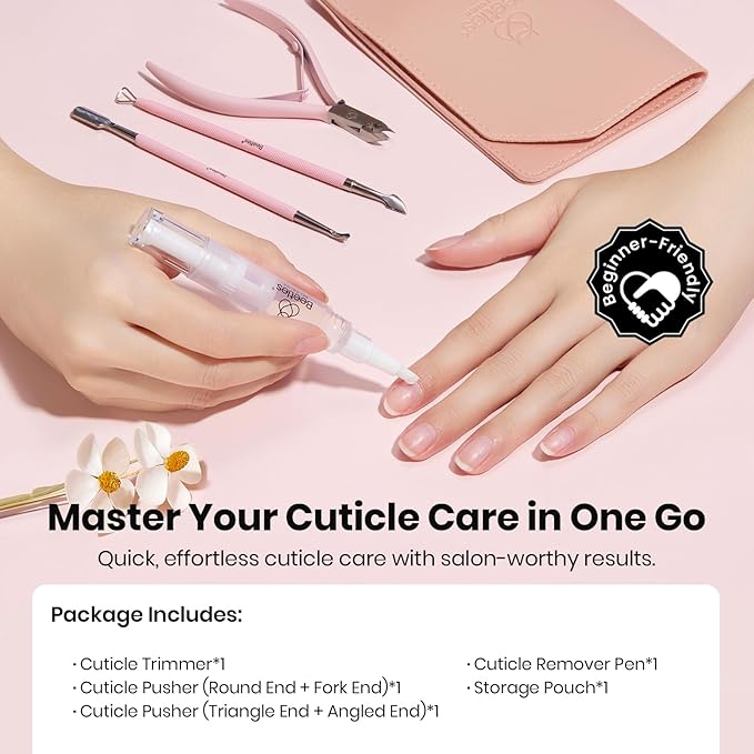 Beetles Manicure Kit for Women with Cuticle Remover, 3 PCS Pink Manicure Set Cuticle Trimmer Dual End Cuticles Pusher Clean Nails Tip Dirt Pusher with Storage Pouch Nail Prep Kit for Gel Nail Polish