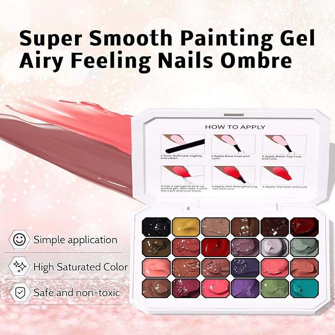 24 Colors Sponge Pat Paint Nail Gel, Pat Painting Gel Polish for Drawing Striper Liner Floral Ombre Blush Blooming Aura Nails Art DIY, UV/LED Cured, No Wipe, 100 Sponges Grabber Pen(24 Colors B)