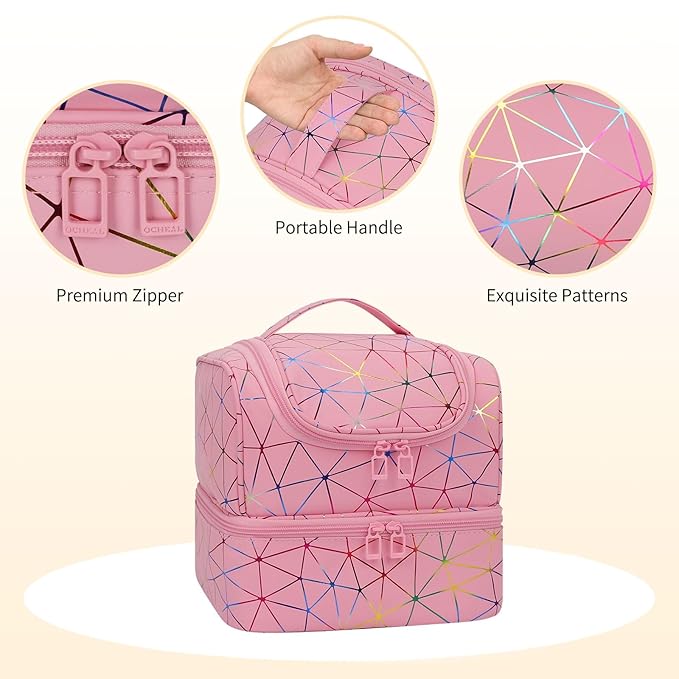 CUBETASTIC Nail Polish Organizer Bag, Double Layer Nail Tech Travel Case Holds 27 Bottles & Nail Lamp, Pink Nail Storage Organizer Box for Supplies, Portable Manicure Case