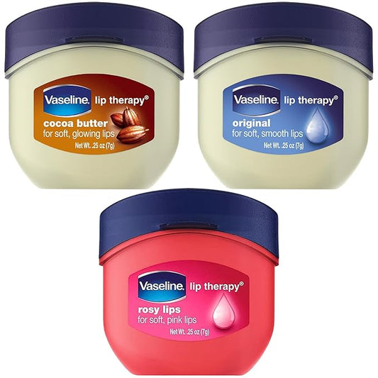 Vaseline Lip Therapy Variety 3-Pack – Original, Rosy Lips, Cocoa Butter Lip Balm Moisturizers in Mini Jars, 0.25 Oz Ea
