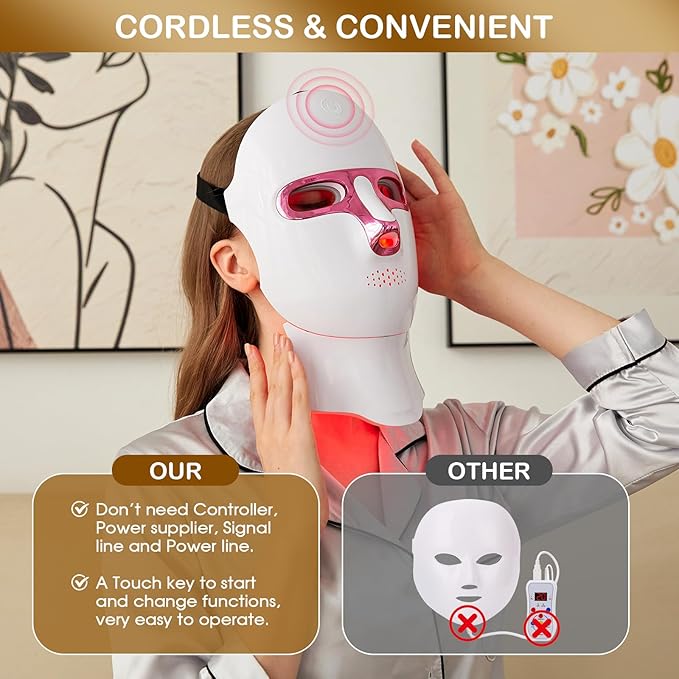 Red Light Therapy Mask & Neck – 7-Color LED Face & Neck Light Therapy, Cordless & Rechargeable, Ergonomic Design, Portable Skincare Set for Anti-Aging, Skin Brightening, and Rejuvenation