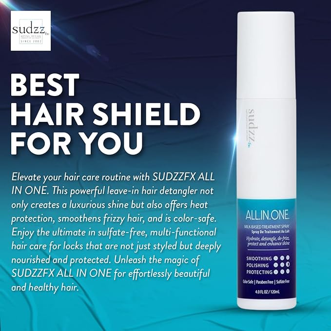 SUDZZFX ALL IN ONE Powerful Leave-in Hair Detangler - Creates Shine - Heat Protection - Smoothes Frizzy Hair - Color Safe - Sulfate Free 4.0 Fl Oz