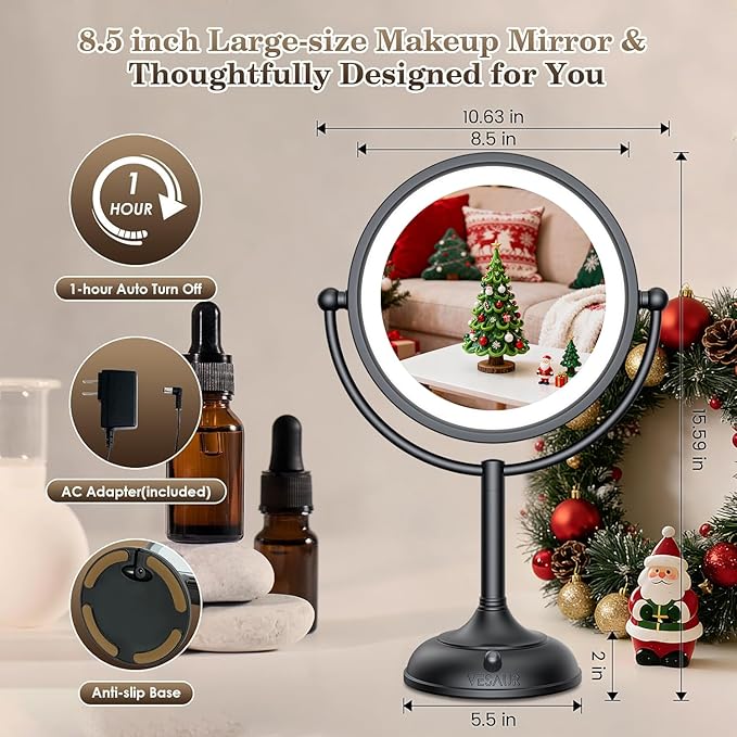 VESAUR Professional 8.5" Lighted Makeup Mirror, 1X/10X Double Sided HD Undistorted Magnifying Mirror with 3 Color 90 Dimmable LED lights, 360° Rotation Vanity Mirror, Unique Black Nickel with Gift Box