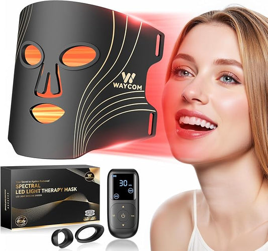 WAYCOM Red Light Therapy for Face: FDA-Cleared 4-Modes Portable LED Light Therapy Mask for Skincare- 400 LEDs Infrared & Red Light Mask at Home Travel with Timing Function Remote & Eye Protection