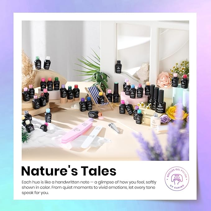 Beetles Spring Gel Nail Polish Set - 36 Colors Nature's Tales Nail Colors Kit with Glossy & Glitter Top Coat, Soak Off UV LED Nail Gel Kit, Long Lasting Nail Art for DIY Home Salon Manicure