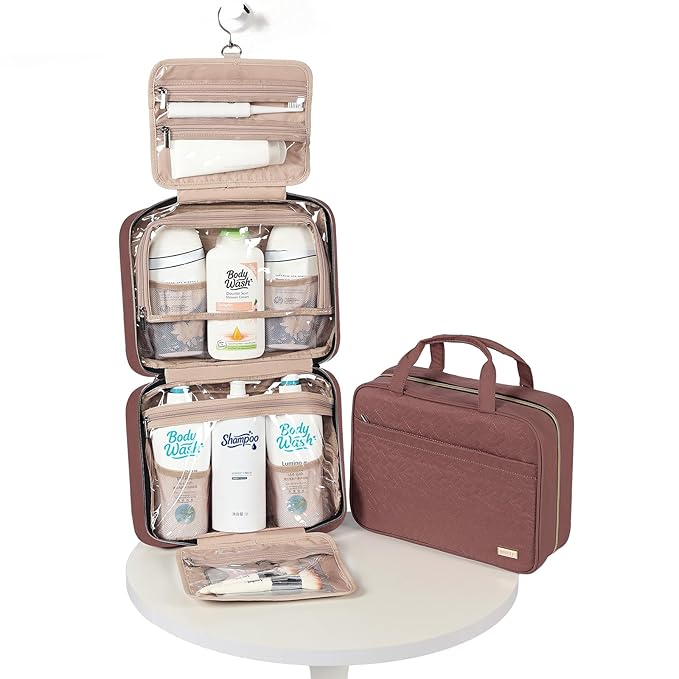 NISHEL Travel Toiletry Bag for women, Portable Hanging Organizer for Family-Sized Shampoo, Conditioner, Brushes Set, Makeup Accessories, Extra Large Size, Rosewood-Pink
