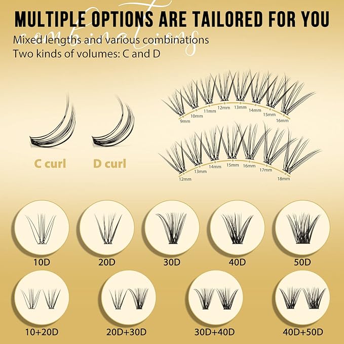 QUEWEL Lash Clusters 320Pcs Cluster Lashes 10D+20D C Curl Lash Cluster Eyelash Extensions Mix12-18mm Individual Eyelashes Clusters Wispy Lash Clusters Thin Band Soft to Use at Home(10D+20D C Mix12-18)