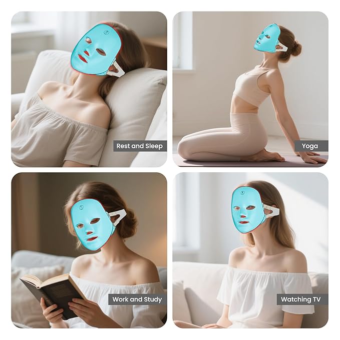 SUERBEATY Red Light Mask For Face, 7-1 Colors Red Light Face Mask, Facial Skincare At Home, Cordless, Portable and Rechargeable, Turkish Blue