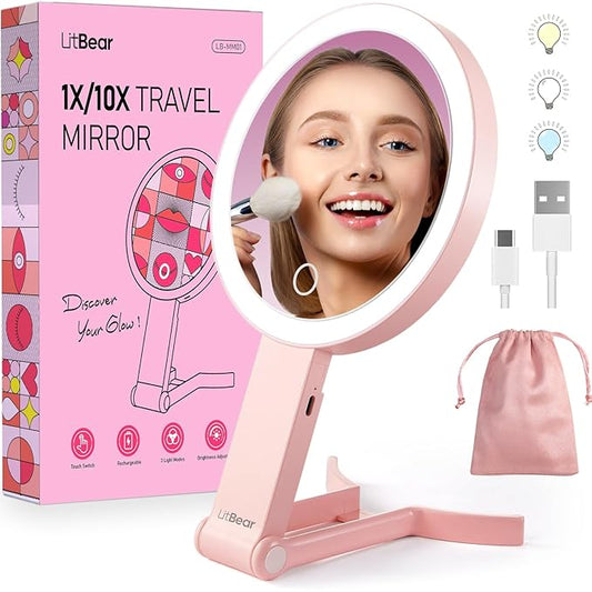 LitBear Travel Makeup Mirror with Lights, Rechargeable Double-Sided 10X/1X Magnifying Mirror, Portable Lighted Beauty Mirror, 3 Color Lighting, Dimmable Touch Screen, Tabletop Handhold Hanging (Pink)
