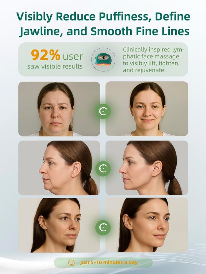 Lymphatic Contour Face Brush – Face Massager for Lymphatic Drainage, Double Chin Reducer, and Facial Sculpting – Gentle Vibrating Lymphatic Drainage Tool for Jawline & Puffiness (Green)