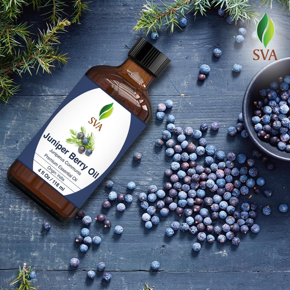 SVA Juniper Berry Essential Oil – 4 Fl Oz – 100% Natural Juniper Oil - for Diffuser, Hair Care, Face, Skin Care, Aromatherapy, Scalp and Body Massage, Soap and Candle Making – with Dropper