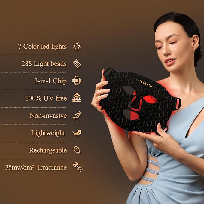 MEGELIN 7 Colors Led Light Therapy Facial Mask, Face Light Therapy Mask for Face, Reduce Wrinkles Smooth Skin, Infrared Light Skin Rejuvenation(Black)