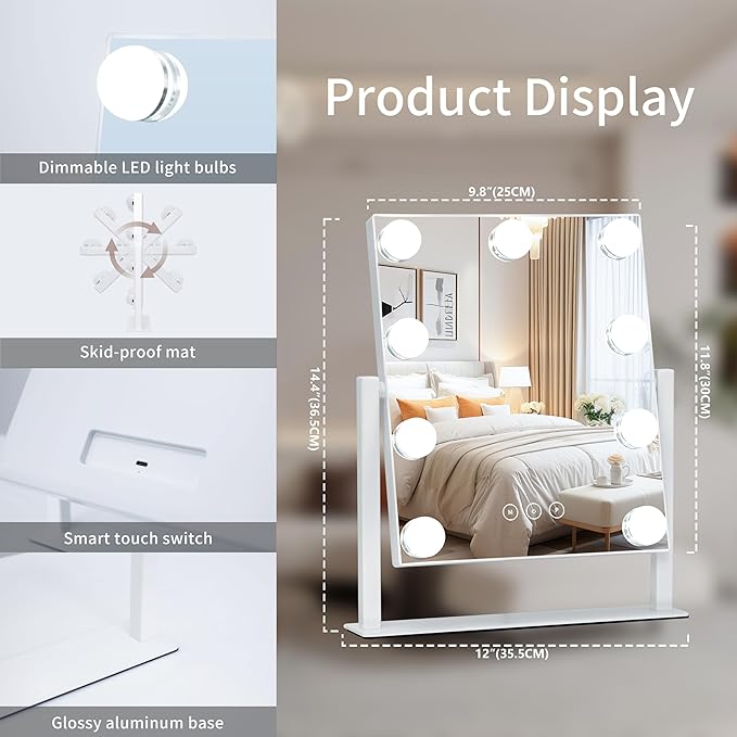 Vanity Mirror with Lights,Lighted Vanity Mirror with 9 Dimmable Bulbs for Dressing Room & Bedroom,3 Color Lighting,Modes Detachable 10x Magnification 360°Ratation(White)