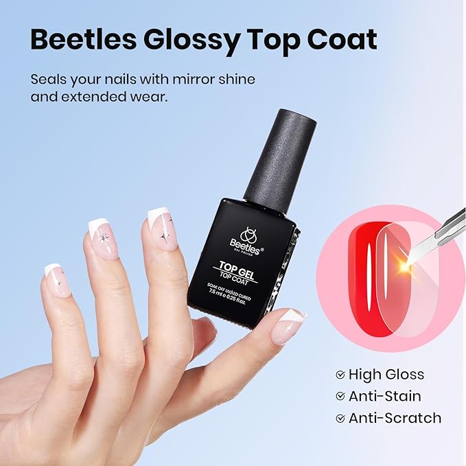 Beetles Gel Top Coat, Matte Top and Base Coat Set, 3 Pcs 10ml Glossy Matte No Wipe Long Lasting Basic Combination Soak Off LED Nail Lamp Art DIY Design Gifts for Women