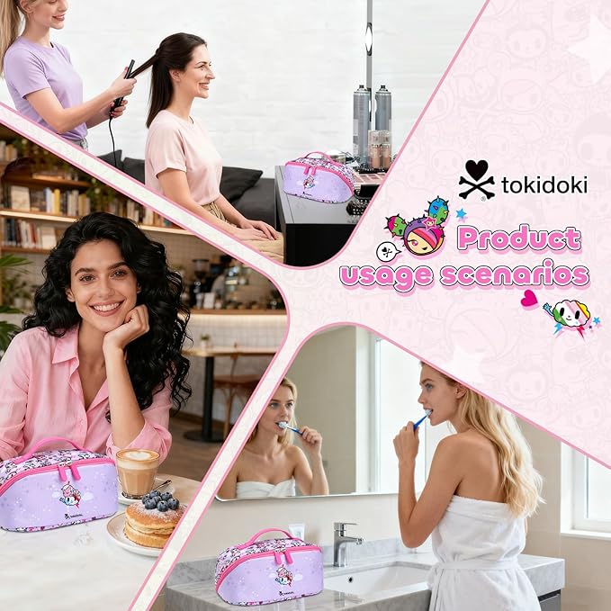 Tokidoki Makeup Bag for Women, Large Capacity Cosmetic Organizer & Toiletry Pouch with Handle, Official Licensed Unicorno Travel Cartoon Portable Makeup Case
