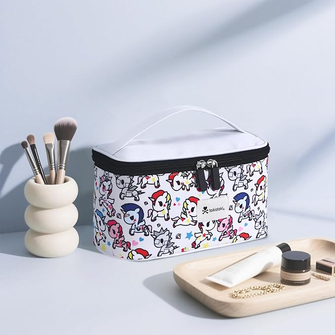 Tokidoki Unicorno Makeup Bag Cute Cosmetic Bag Large Capacity Travel Makeup Case Portable Organizer Toiletry Bag for Women Traveling with Handle (White)