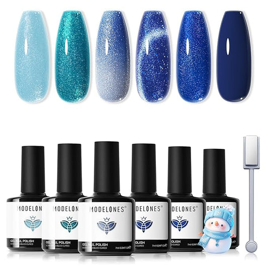 modelones Blue Gel Nail Polish Set, 6 Colors Winter Cat Eye Glitter Color Changing Chameleon Gel Polish Kit with Magnet Snow Stickers Soak Off Led Nail Art Manicure Salon DIY New Year Holiday Gifts