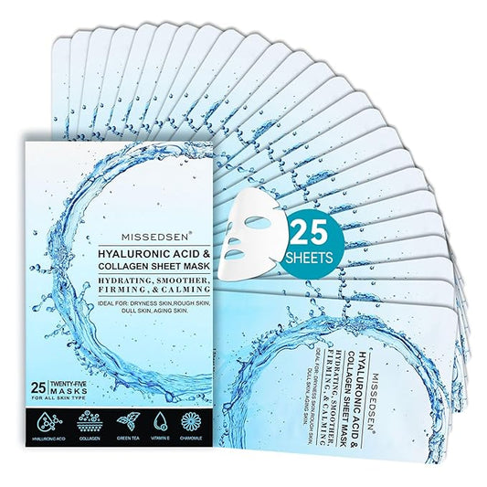 Collagen Face Mask with Hyaluronic Acid, Vitamin E Oil for Skin Care Hydrating, Moisturizing, Brightening & Anti Aging Face Masks Skincare for Oil, Dry, Acne, Sensitive All Skin Types 25PCS