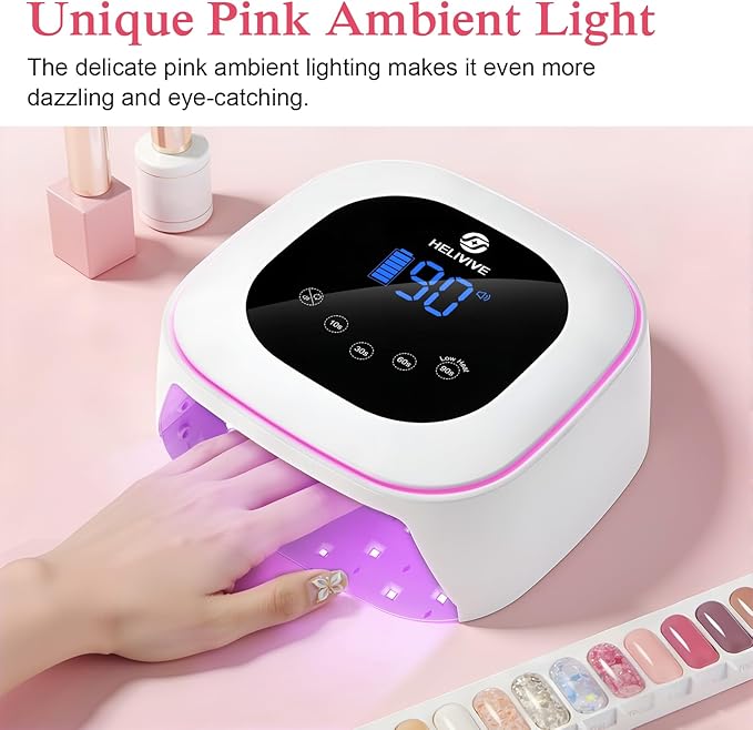 Cordless UV LED Nail Lamp, 80W Rechargeable Nail Dryer with 4 Timers, Atmosphere Light & Mirror Base, UV Light for All Gel Nails, Ideal for Training,Nail Art Practice,Home & Salon Use (White)
