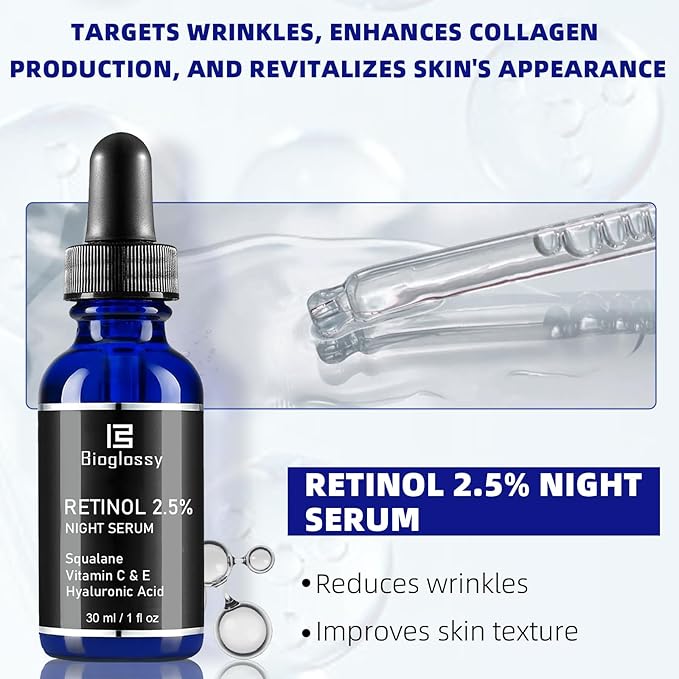 Retinol Serum for Face, 2.5% Retinol Intense Night Serum with Squalane,Vitamin C & E & B3,Hyaluronic Acid for Lines, Wrinkles & Premature Sun Damage to Resurface & Hydrate 30 ml/ 1 Fl oz