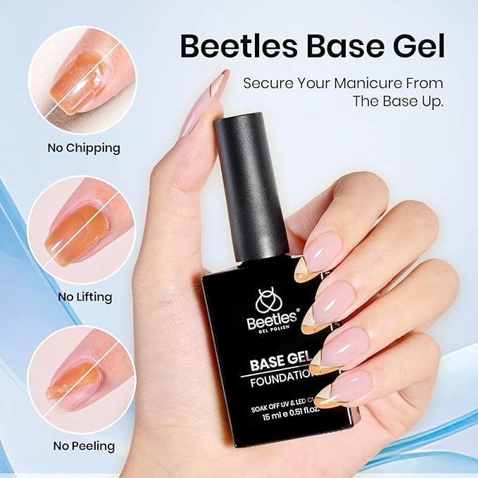 Beetles Gel Base and Top Coat Set with Protein Nail Dehydrator and Primer, 4 Pcs 15ml Extra Glossy Top Coat and Base Acid-Free & HEMA-Free Nail Prep Bond Primer for Acrylic & Gel Polish Gifts