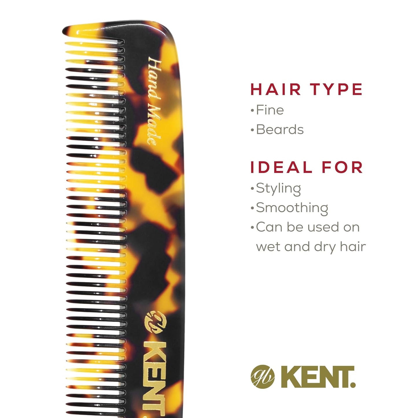 Kent F3T TY Fine Tooth Comb - Hair Parting and Straightening Comb for Men's & Women's Dandruff Remover, Saw Cut and Hand Polished Made in England