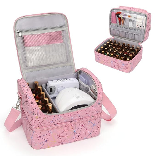CUBETASTIC Nail Polish Organizer Bag, Double Layer Nail Tech Travel Case Holds 45 Bottles & Full-Size Lamp, Portable Manicure Storage Box for Nail Supplies, Tools & Dip Powder - Pink