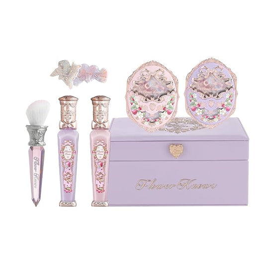 Flower Knows Violet Strawberry Rococo Gift Box Set,7-Piece Makeup Box with Mirror,Lip Gloss×2+Blush×2+Blush Brush×1+Hair Clip×1+Gift Box×1,Perfect Makeup Gift for Girls & Women