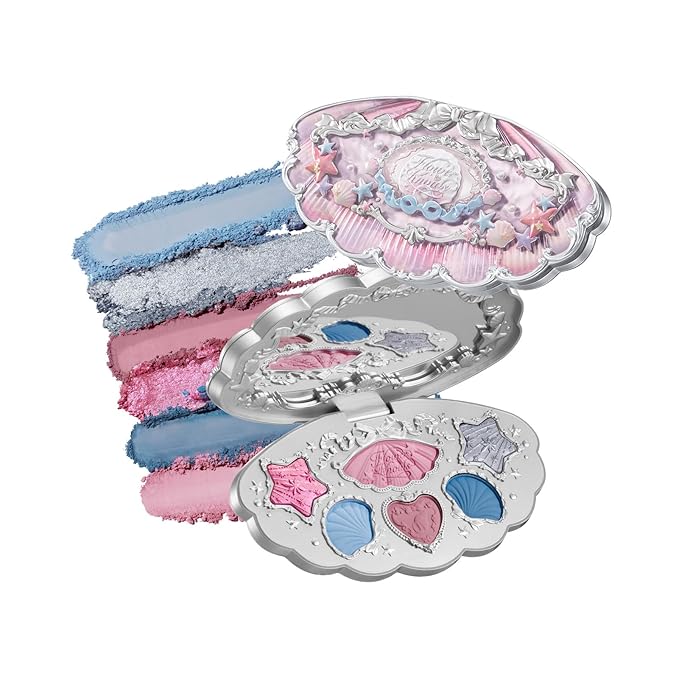 Flower Knows Shell's Jewel 6-Color Makeup Palette,Pink Blue Face Makeup Palette with 4 Matte + 2 Shimmer Shades,Blendable Smooth Cute Make Up,0.23 Oz(02 Mermaid's Tears)