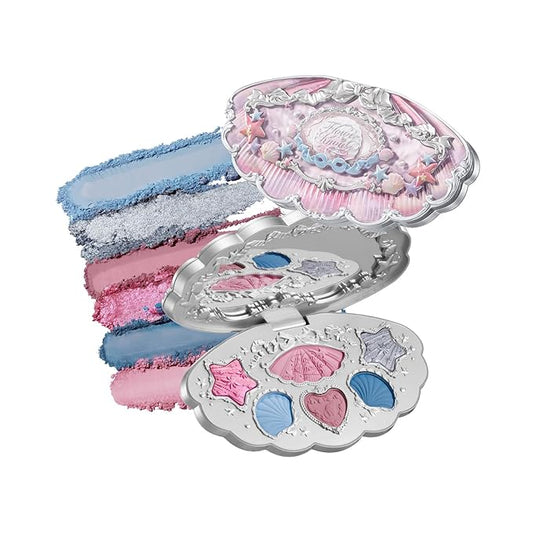 Flower Knows Shell's Jewel 6-Color Makeup Palette,Pink Blue Face Makeup Palette with 4 Matte + 2 Shimmer Shades,Blendable Smooth Cute Make Up,0.23 Oz(02 Mermaid's Tears)