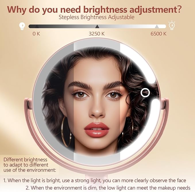 MIYADIVA Makeup Mirror with Lights,20X Magnifying Mirror with Light and Touch Switch, 2-Sided Vanity Mirror with 3 Colors and 80 LEDs, Metallic Rose Gold