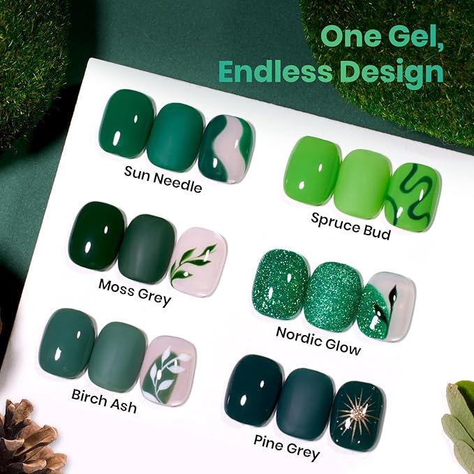 Beetles Green Gel Polish Set, Hema Free 6 Colors Light Dark Green Color Gel Nail Polish Soak off UV Led Lamp Needed Manicure DIY Salon Home St Patrick Day Gifts for Women Mordiic Forest