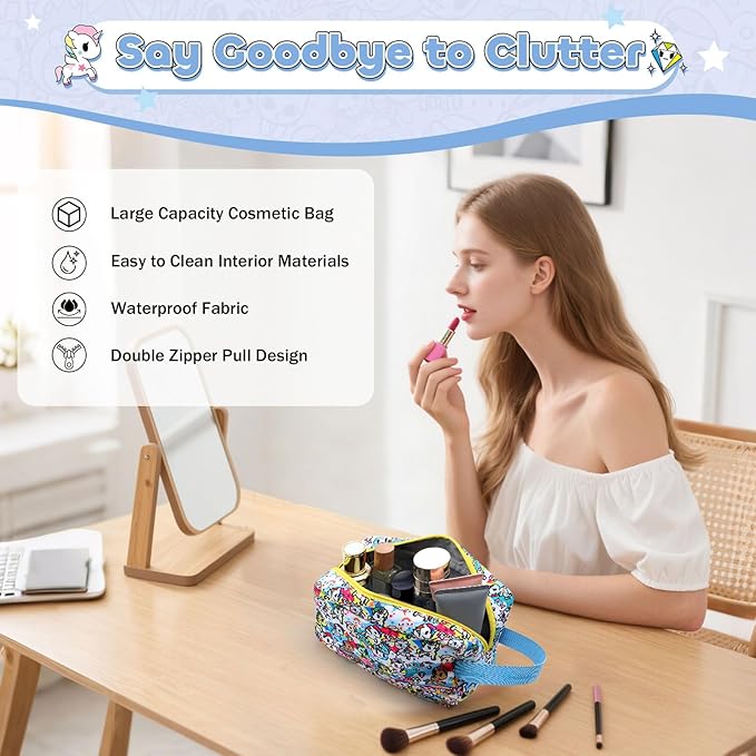 Tokidoki Makeup Bag for Women, Large Capacity Cosmetic Organizer & Toiletry Pouch with Handle, Official Licensed Unicorno Travel Cartoon Portable Makeup Case