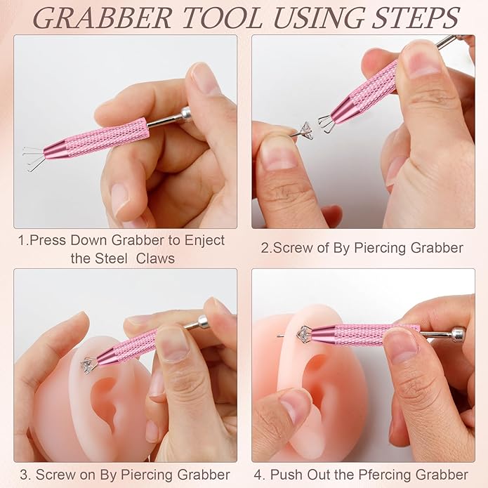 ONESING 2Pcs Piercing Ball Grabber Tool for Changing Jewelry, Stianless Steel Flat Back Earring Applicator Internally Threaded Push Pin Piercing Grabber Tool, Anti Slip 4 Claw Gem Ball Grabber Tool